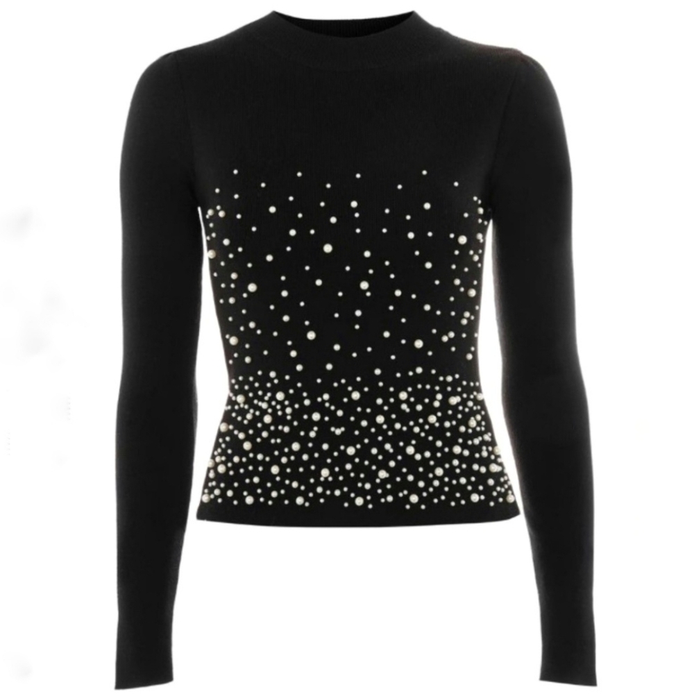 Pearl embellished knit high neck top